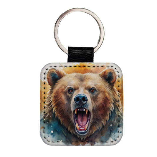 Angry Mad Grizzly Bear Watercolor Square Faux Leather Keychain