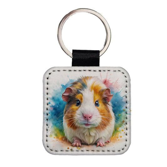 Angry Mad Guinea Pig Watercolor Square Faux Leather Keychain