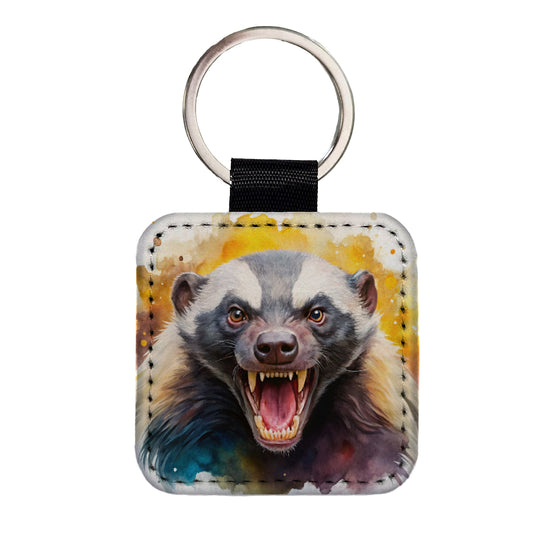 Angry Mad Honey Badger Watercolor Square Faux Leather Keychain