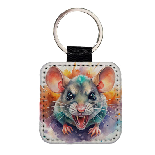 Angry Mad Mouse Watercolor Square Faux Leather Keychain