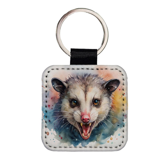 Angry Mad Opossum Watercolor Square Faux Leather Keychain