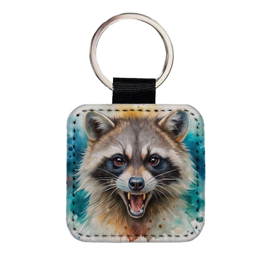 Angry Mad Raccoon Watercolor Square Faux Leather Keychain