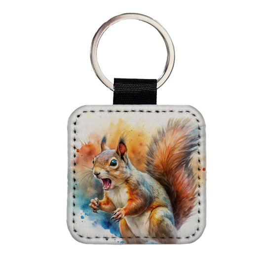 Angry Mad Squirrel Watercolor Square Faux Leather Keychain