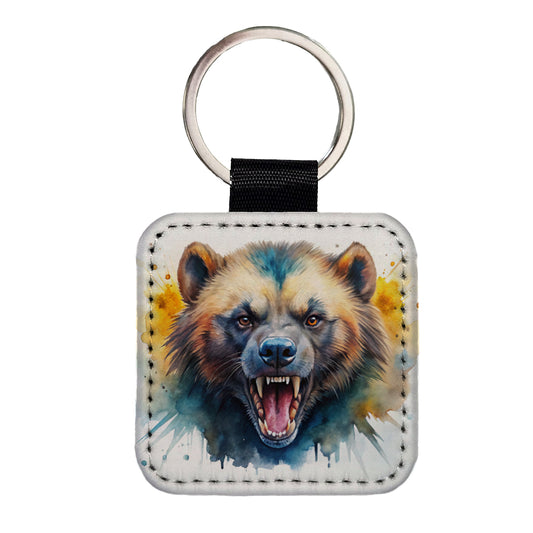 Angry Mad Wolverine Watercolor Square Faux Leather Keychain