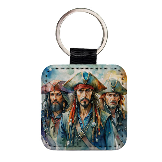 Angry Swashbuckling Pirates Watercolor Square Faux Leather Keychain