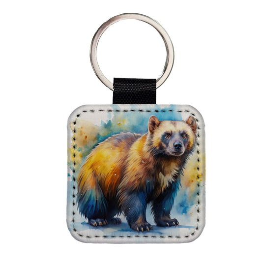 Animal Mad Wolverine Watercolor Square Faux Leather Keychain