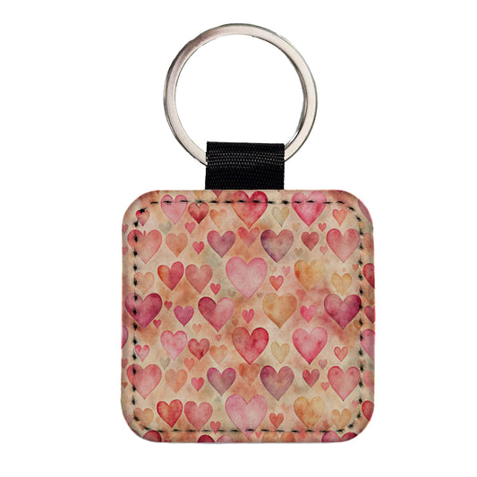 Antique Valentine's Day Hearts Pattern Square Faux Leather Keychain