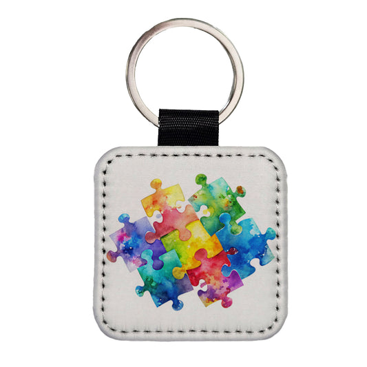 Autism Awareness Acceptance Puzzle Pieces Watercolor Square Faux Leather Keychain