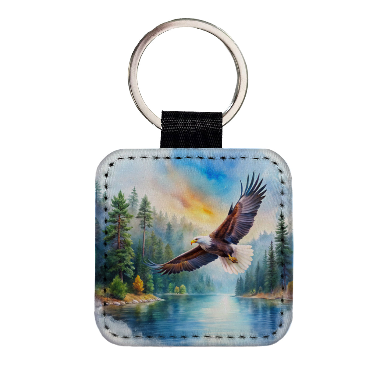 Bald Eagle Flying With Forest Lake Watercolor Square Faux Leather Keychain