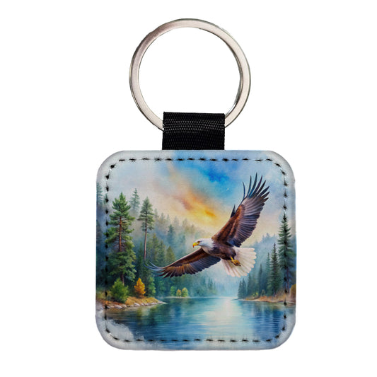 Bald Eagle Flying With Forest Lake Watercolor Square Faux Leather Keychain