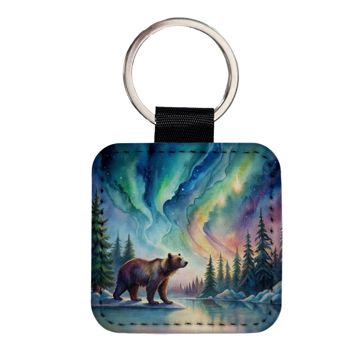 Bear And Northern Lights Watercolor Square Faux Leather Keychain