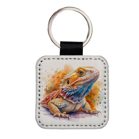 Bearded Dragon Lizard Reptile Watercolor Square Faux Leather Keychain