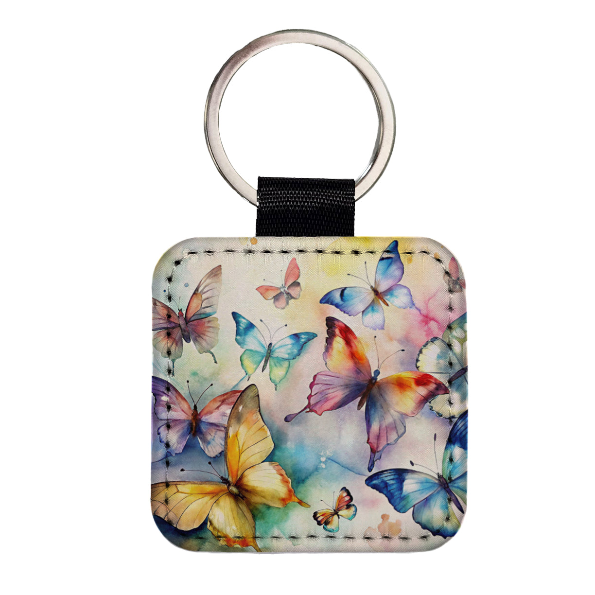 Beautiful Watercolor Colorful Butterflies Square Faux Leather Keychain