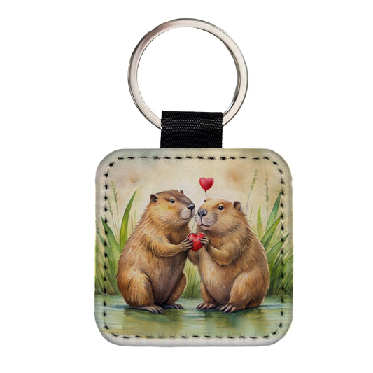 Beavers In Love Water Valentine's Day Square Faux Leather Keychain