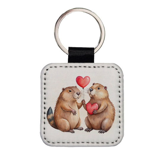 Beavers In Love With Hearts Valentine's Day Square Faux Leather Keychain