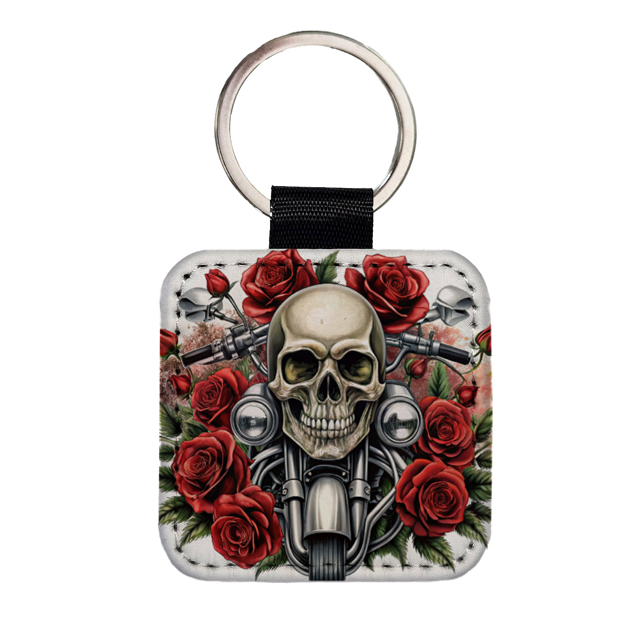 Biker Style Skulls And Roses Motorcycle Square Faux Leather Keychain