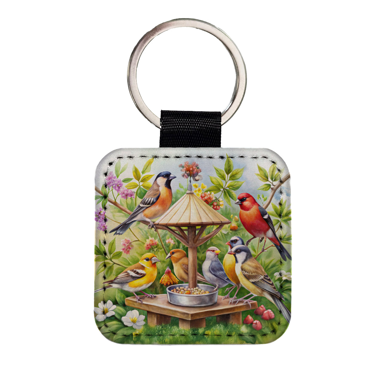 Birds At Feeder Watercolor Square Faux Leather Keychain