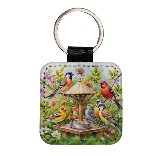 Birds At Feeder Watercolor Square Faux Leather Keychain