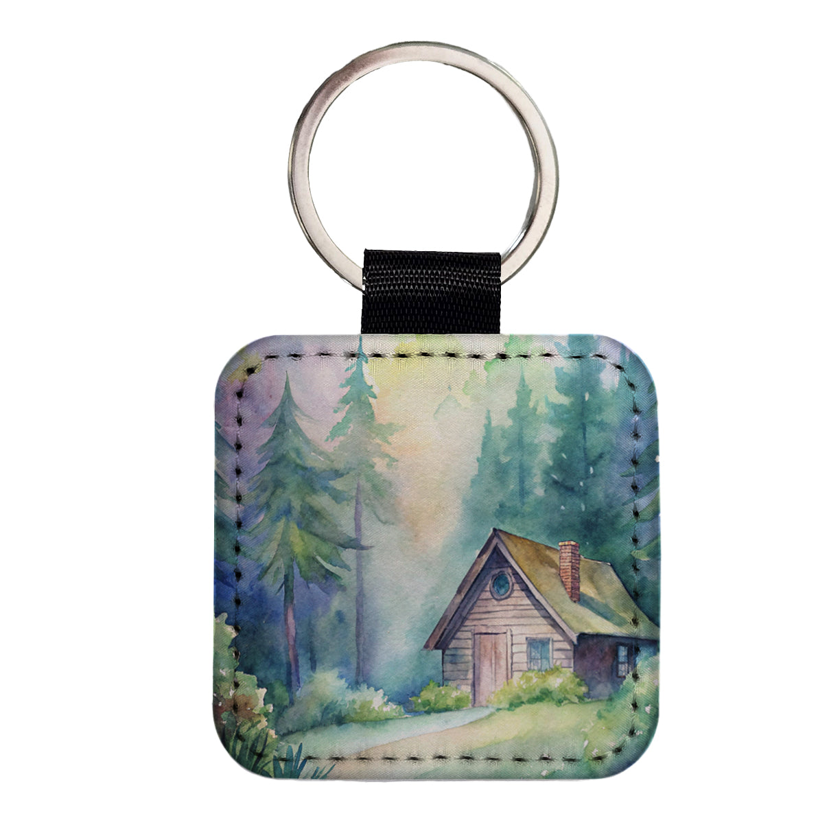Cabin In The Forest Woods Watercolor Square Faux Leather Keychain