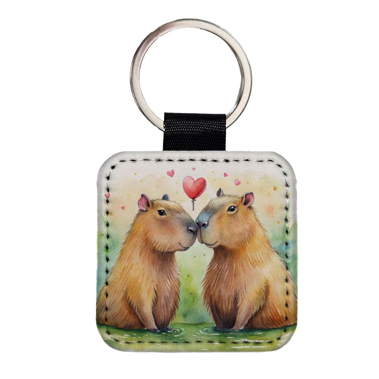 Capybaras In Love Valentine's Day Square Faux Leather Keychain