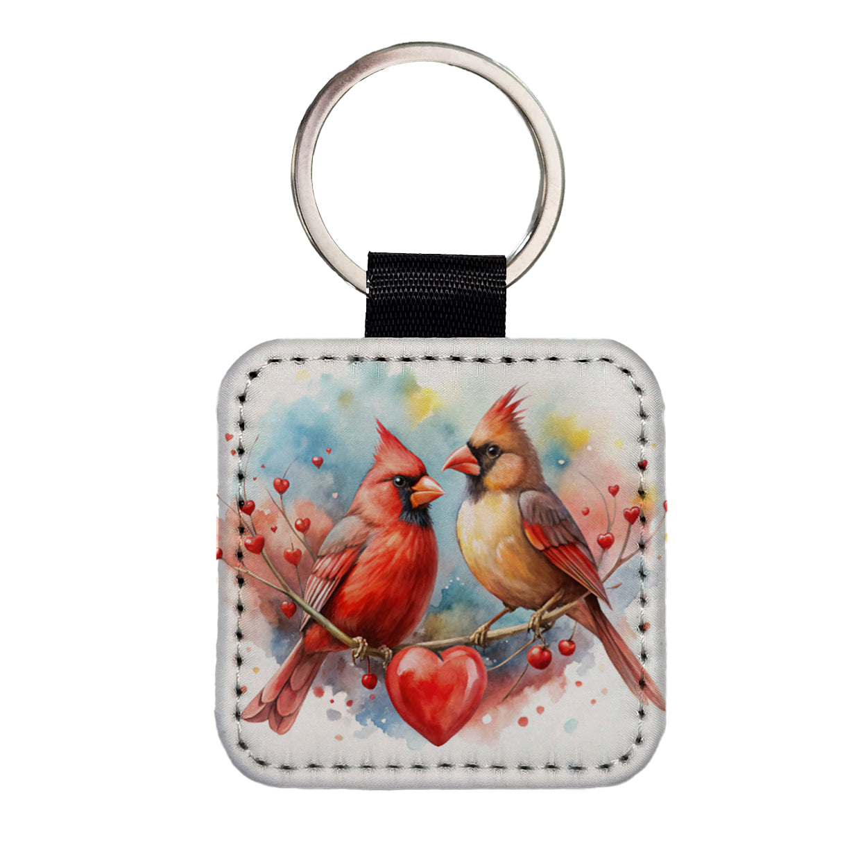 Cardinals In Love With Hearts Valentine's Day Square Faux Leather Keychain