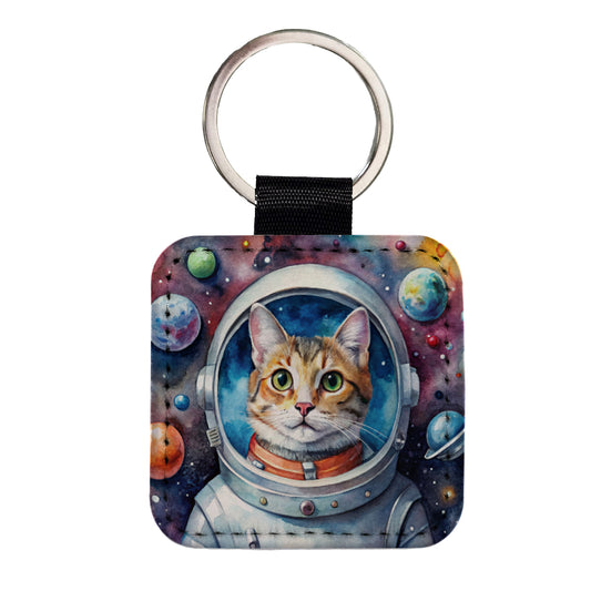 Cat In Space Funny Tabby Watercolor Square Faux Leather Keychain