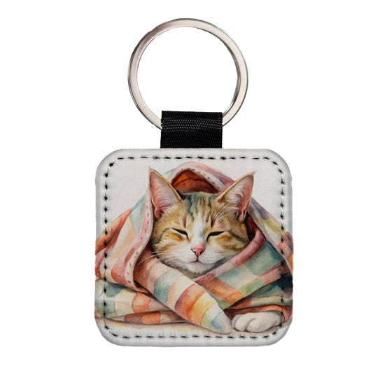 Cat Snuggling In Blanket Watercolor Square Faux Leather Keychain