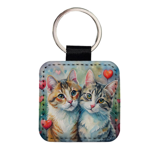 Cats In Love Valentine's Day Square Faux Leather Keychain
