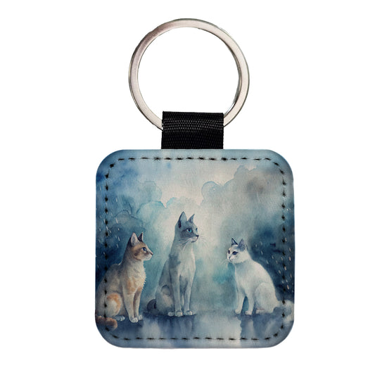 Cats In The Rain Square Faux Leather Keychain