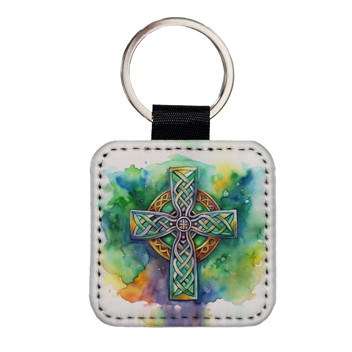 Celtic Christian Cross Watercolor Square Faux Leather Keychain