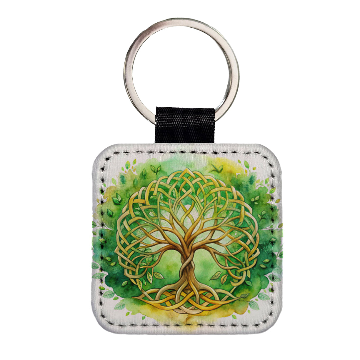 Celtic Irish Tree Of Life Knots Green And Golden Watercolor Square Faux Leather Keychain