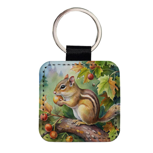 Chipmunk Eating Acorn In Tree Watercolor Square Faux Leather Keychain