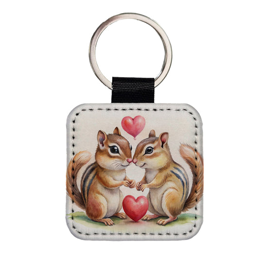 Chipmunks In Love Valentine's Day Square Faux Leather Keychain