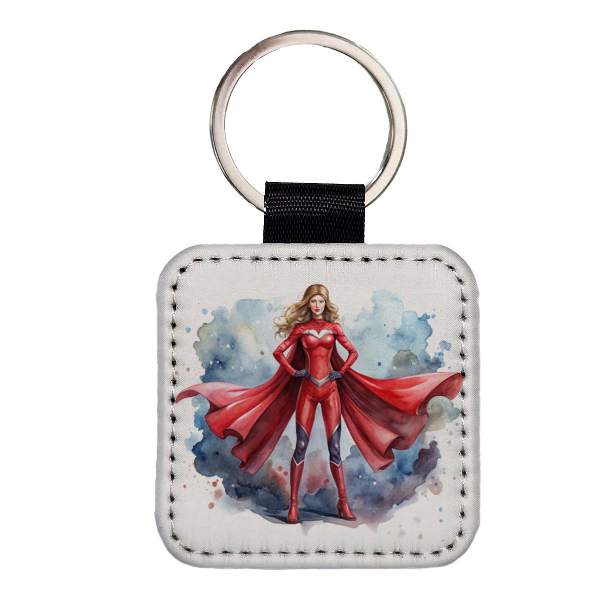 Classic Female Superhero With Red Costume Watercolor Square Faux Leather Keychain