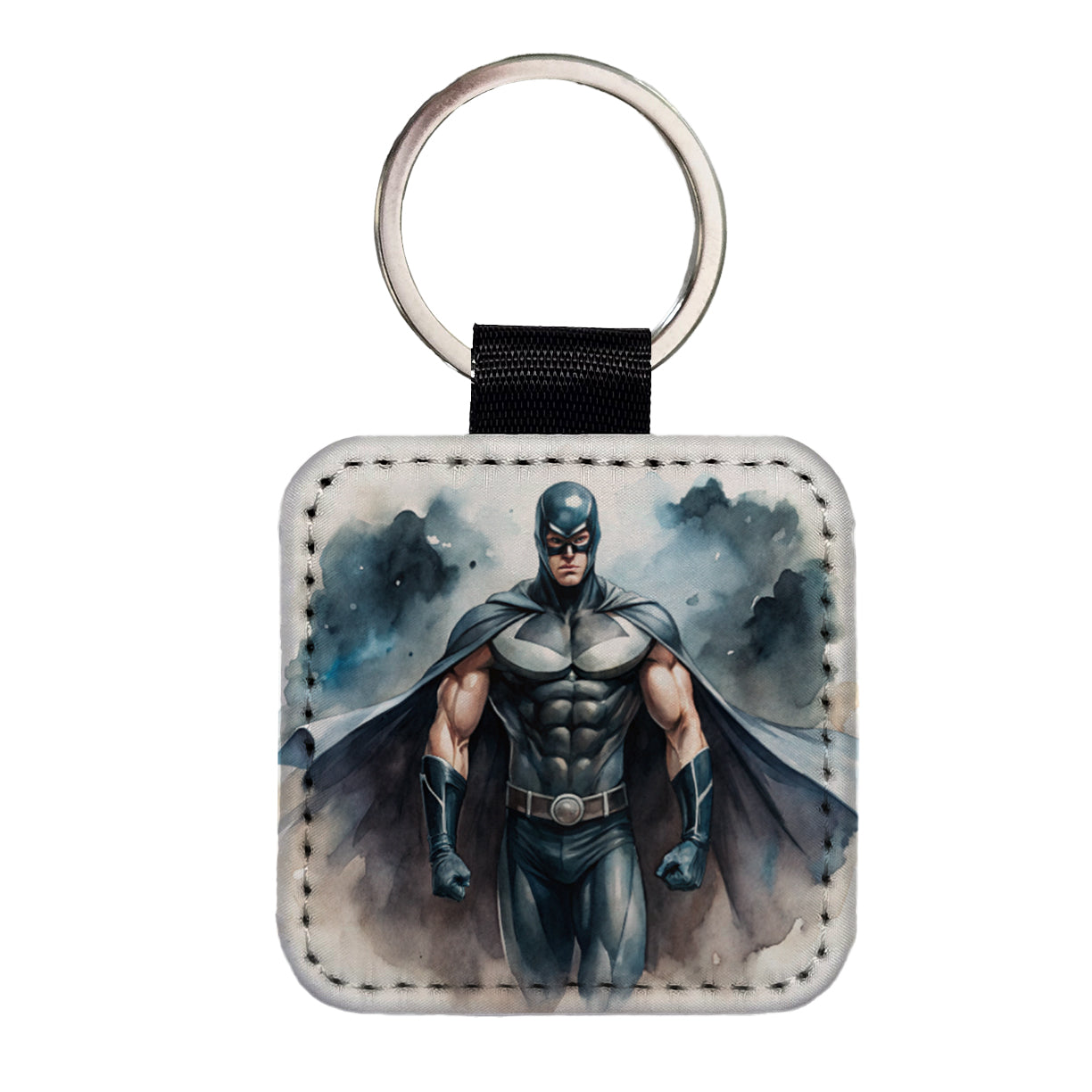 Classic Masked Superhero With Black Costume Watercolor Square Faux Leather Keychain