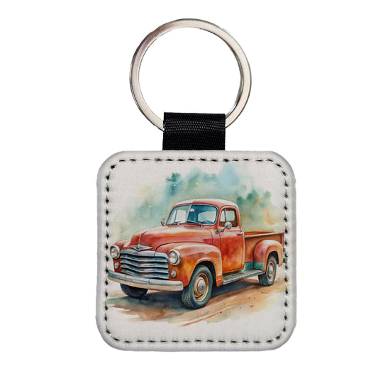 Classic Retro Vintage Pickup Truck Watercolor Square Faux Leather Keychain