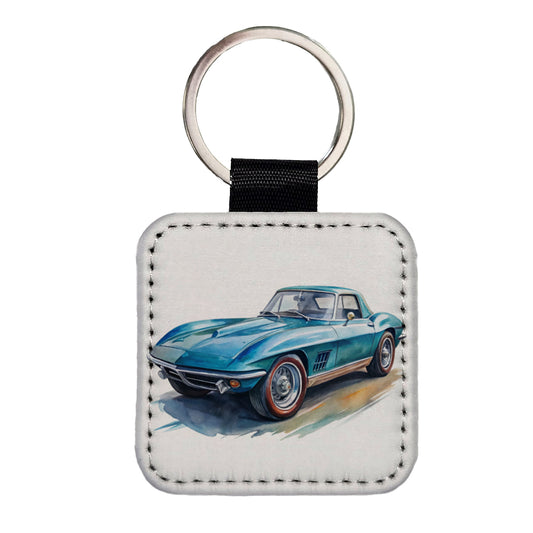 Classic Vintage Blue Sports Car Watercolor Square Faux Leather Keychain