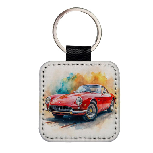 Classic Vintage Red Italian Sports Car Watercolor Square Faux Leather Keychain