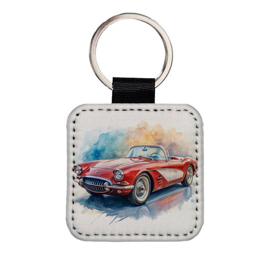 Classic Vintage Red White Sports Car Watercolor Square Faux Leather Keychain