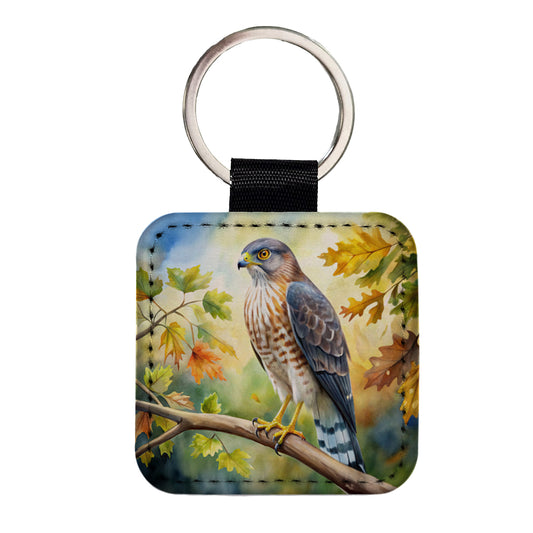 Cooper's Hawk Raptor Bird Of Prey In Tree Watercolor Square Faux Leather Keychain