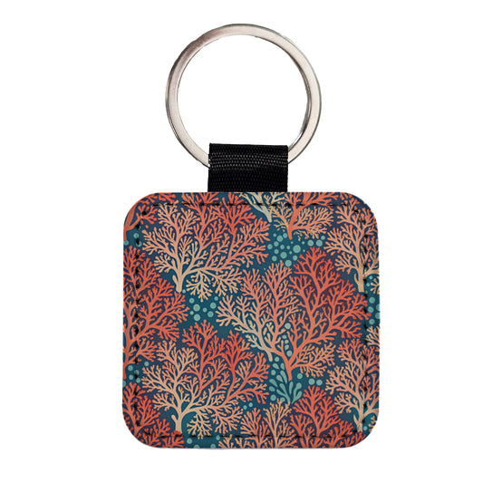 Coral Pattern Reef Ocean Square Faux Leather Keychain