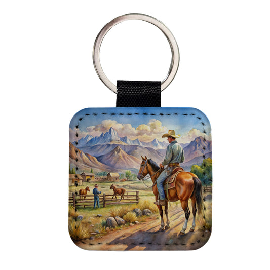 Cowboys Western Ranch Scene Watercolor Square Faux Leather Keychain