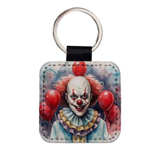 Creepy Scary Evil Clown With Red Balloons Watercolor Square Faux Leather Keychain