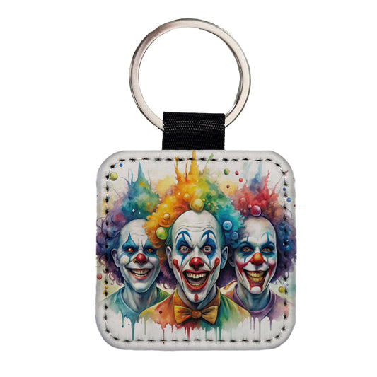 Creepy Scary Evil Killer Clowns Watercolor Square Faux Leather Keychain