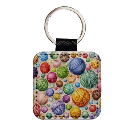 Crocheting Knitting Colorful Yarn Balls Square Faux Leather Keychain