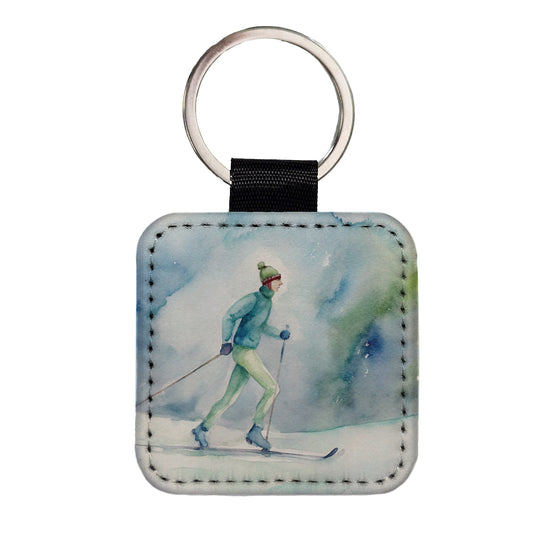 Cross Country Skiing Watercolor Square Faux Leather Keychain