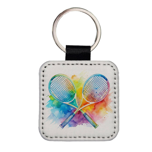Crossed Tennis Rackets Watercolor Square Faux Leather Keychain