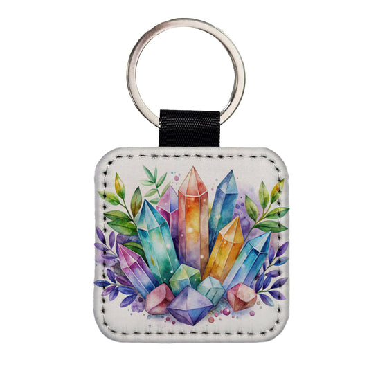 Crystal Geodes Mystical Healing Protection Watercolor Square Faux Leather Keychain