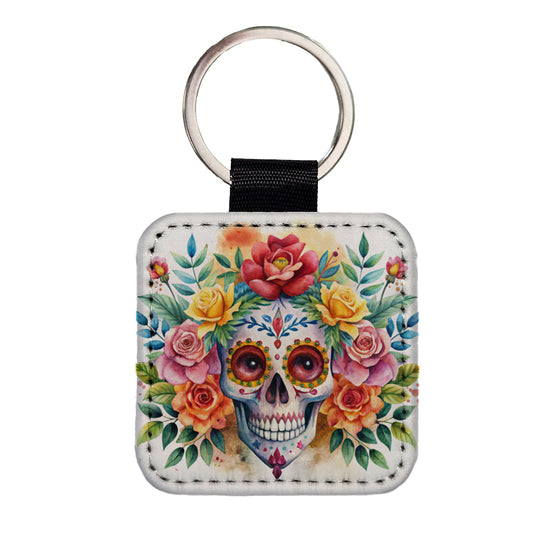 Day Of The Dead Día De Muertos Theme Watercolor Square Faux Leather Keychain