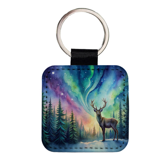 Deer And Northern Lights Watercolor Square Faux Leather Keychain